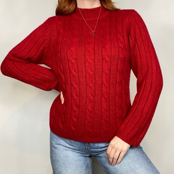 Vintage 90s Sag Harbor Petite Size Large Red Mockneck Cable Knit Sweater - Picture 5 of 11